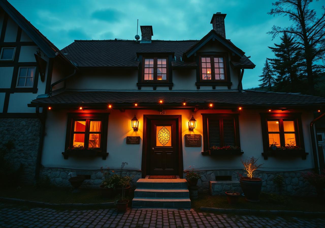 Fațada pensiunii Carmen în lumina serii