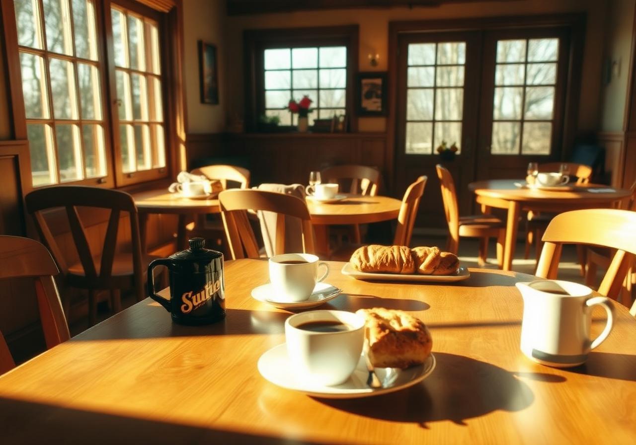 Sala de mic dejun cu mese din lemn și cafea proaspătă